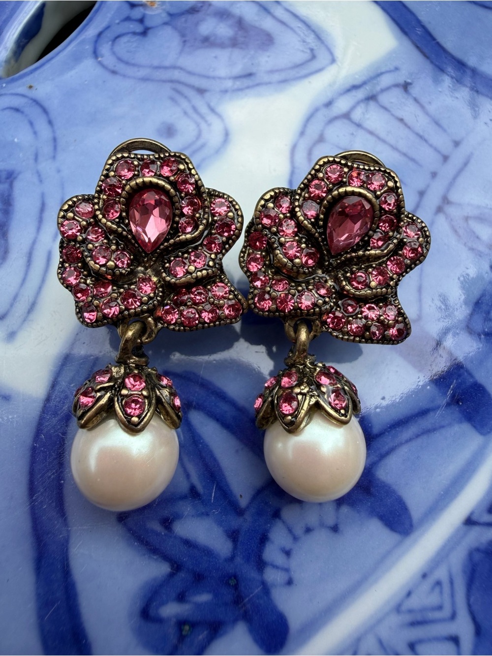 Vintage “Rose Blossoms" Crystal Pearl Drop Earrings by Heidi Daus
